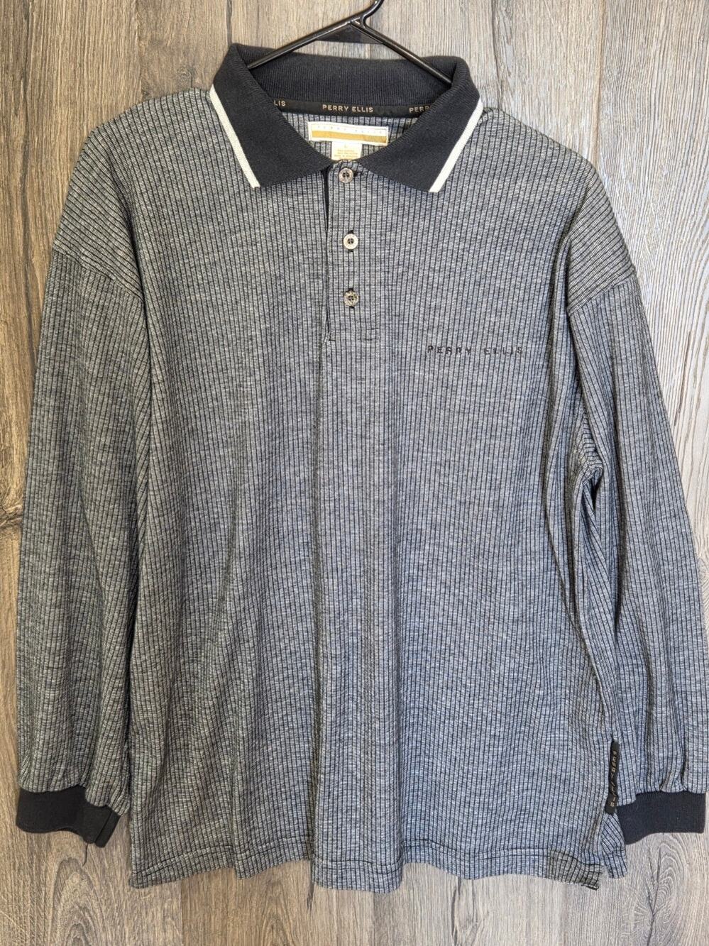 Vintage Perry Ellis long-sleeve polo shirt gray-and-navy micro-stripe pattern